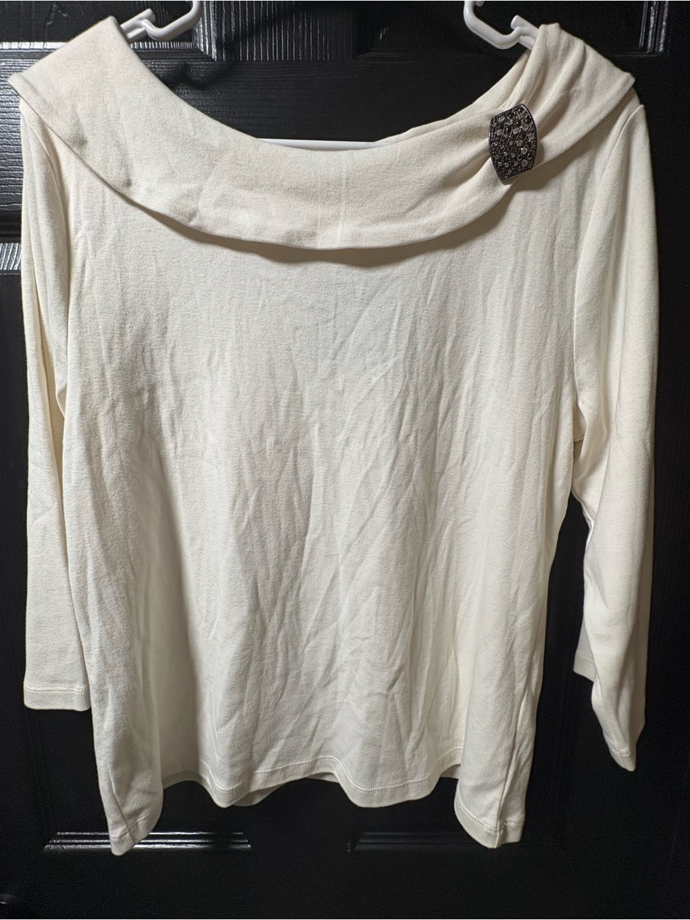 Rafaella Cream Boatneck Top with Decorative Brooch Accent